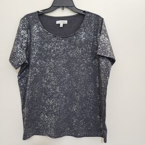 EMILY DANIELS Metallic Short Sleeve Shirt Solid Back Round Neck‎ Large Gray NWOT
